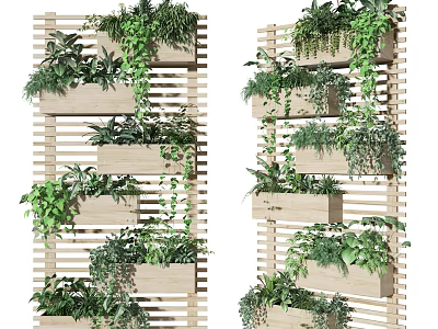 Lush Green Plants in Vertical Wooden Trellis with Tiered Planters 3d model