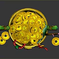 Traditional Green Decorative Container Filled With Gold Coins Dragon Ornaments Red Beads And Plum Branch