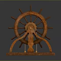 Vintage Wooden Ship Wheel Decor With Spokes Star Hub And Stand Base