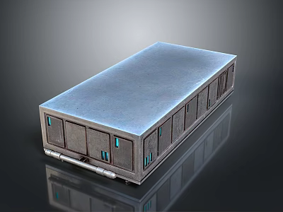 Industrial Landscape Featuring Rectangular Structure With Blue Top Gray Sides And Reflective Base 3d model