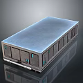 Industrial Landscape Featuring Rectangular Structure With Blue Top Gray Sides And Reflective Base 3d model