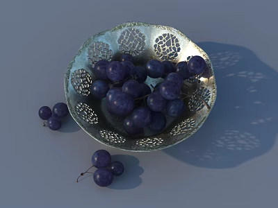 Fresh Purple Grapes in Intricate Silver Bowl with Some Scattered on Gray Background 3d model