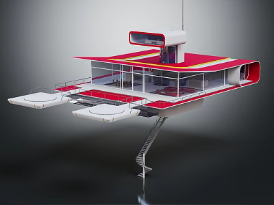 Modern Floating Building With Red White Roof Glass Walls And Metal Supports Open Platform Design 3d model