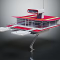 Modern Floating Building With Red White Roof Glass Walls And Metal Supports Open Platform Design