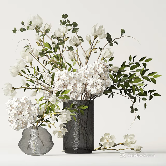 Elegant Dark Textured Vases With White Hydrangea Magnolia And Lush Green Leaves 3d model 