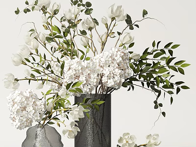 Elegant Dark Textured Vases With White Hydrangea Magnolia And Lush Green Leaves 3d model
