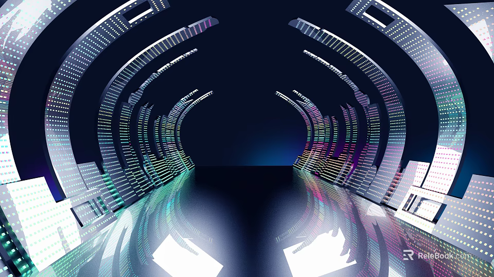 Futuristic Digital Tunnel with Illuminated Curved Structures and Neon Lights 3d model 