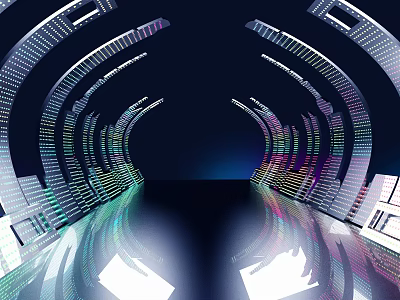 Futuristic Digital Tunnel with Illuminated Curved Structures and Neon Lights 3d model