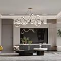 Modern Living Dining Room Interior With Dining Table Chairs Hanging Linear Light And Cabinets