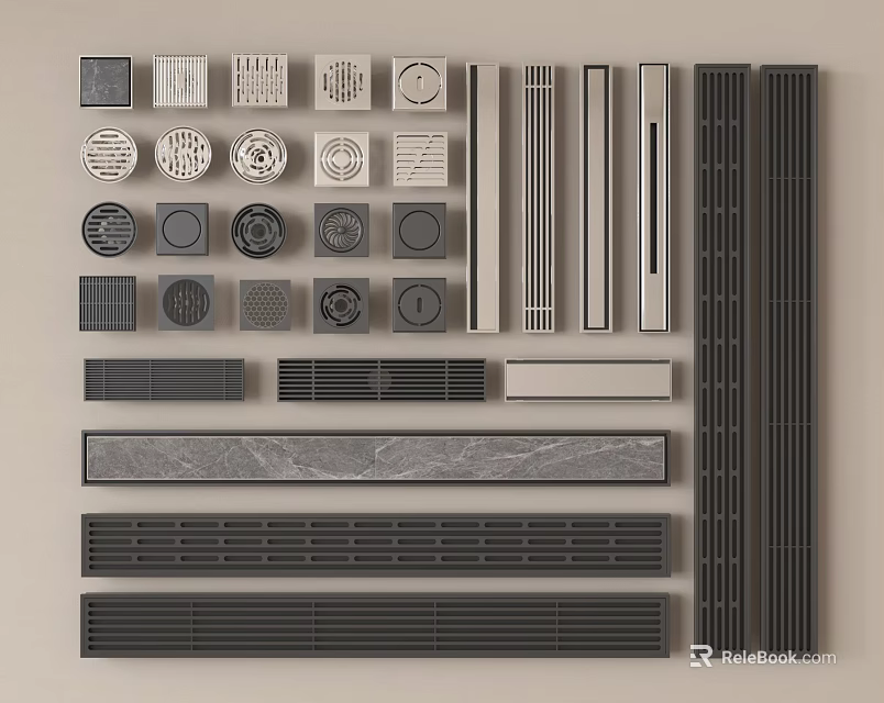 Modern Bathroom Accessories With Various Design Drain Covers Grates And Metal Strips 3d model 