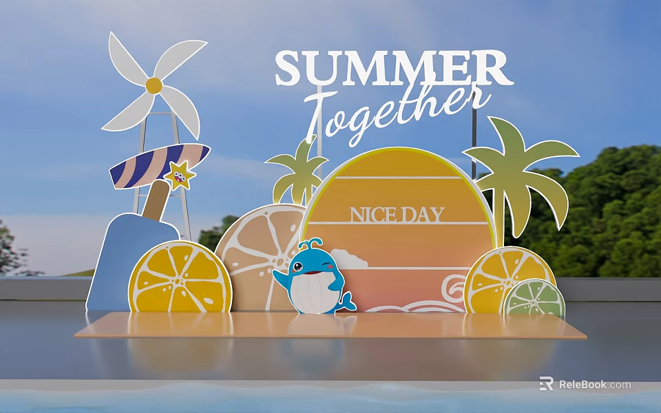 Summer Together Themed Decoration Scene With Windmill Surfboard Palm Trees Lemon Slices And Cartoon Whale 3d model 