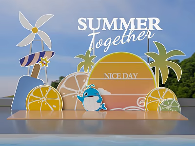 Summer Together Themed Decoration Scene With Windmill Surfboard Palm Trees Lemon Slices And Cartoon Whale 3d model