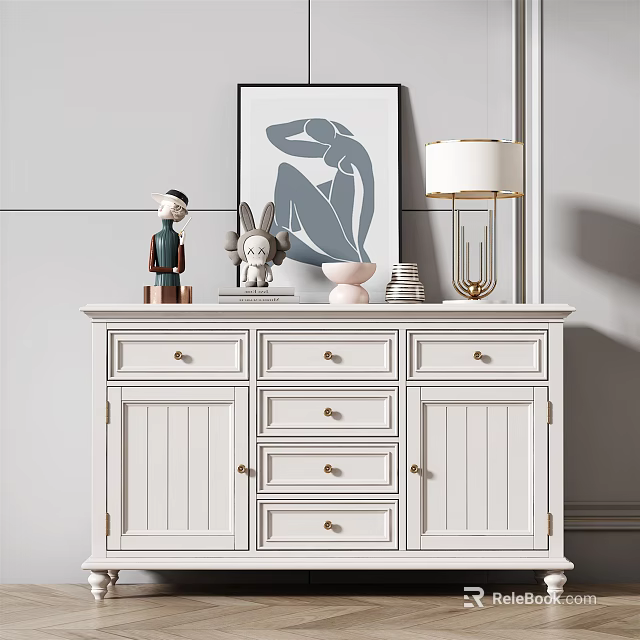 White Entryway Console Table With Decorative Items Lamp And Abstract Wall Art 3d model 