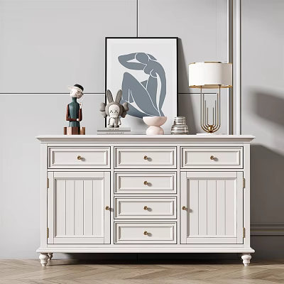 White Entryway Console Table With Decorative Items Lamp And Abstract Wall Art 3d model