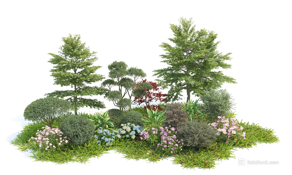 Various Types of Shrubs in Garden Landscaping With Flowering Plants Ornamental Trees and Green Lawn 3d model 