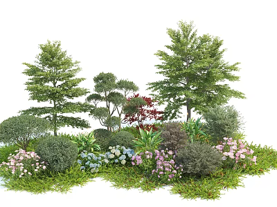 Various Types of Shrubs in Garden Landscaping With Flowering Plants Ornamental Trees and Green Lawn 3d model