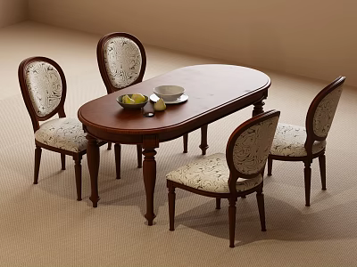 Classic Oval Wooden Dining Table Set With Four Patterned Fabric Upholstered Chairs And Fruit Bowl 3d model