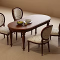 Classic Oval Wooden Dining Table Set With Four Patterned Fabric Upholstered Chairs And Fruit Bowl