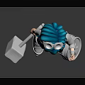 Blue Haired Cartoon Character In Gray Top Blue Shorts With Hammer Bag And Roller Skates