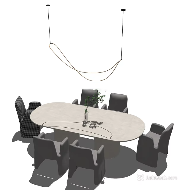 Modern Oval Dining Table Set with Chairs Vase Green Plants and Hanging Pendant Light 3d model 