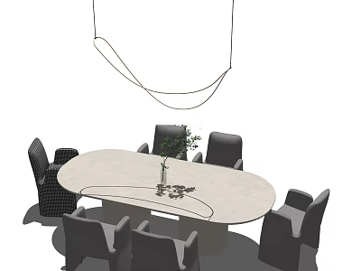 Modern Oval Dining Table Set with Chairs Vase Green Plants and Hanging Pendant Light 3d model