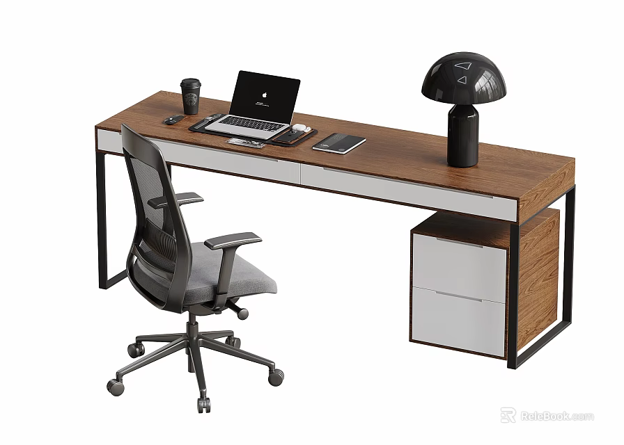 Modern Desk And Chair Set With Wooden Tabletop Black Metal Frame Laptop And Lamp 3d model 
