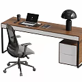 Modern Desk And Chair Set With Wooden Tabletop Black Metal Frame Laptop And Lamp