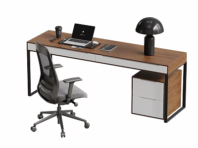 Modern Desk And Chair Set With Wooden Tabletop Black Metal Frame Laptop And Lamp 3d model