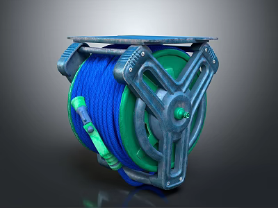 Durable Hardware Tool Hose Reel With Blue Hose Green Components And Metal Frame 3d model