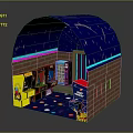Arched Blue Starry Tent with Brick Walls Colorful Polka Dot Floor and Arcade Machines
