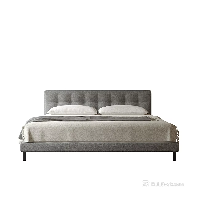 Modern Minimalist Double Bed With Grey Button Tufted Headboard And Light Bedding 3d model 