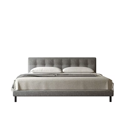 Modern Minimalist Double Bed With Grey Button Tufted Headboard And Light Bedding 3d model