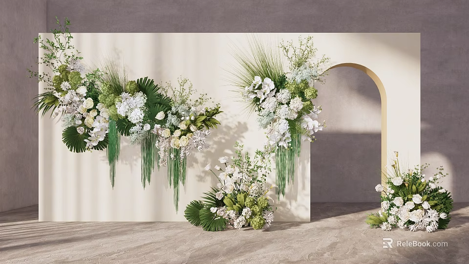 Floral Installation Design With Green Plants White Flowers Archway And Hanging Decor 3d model 