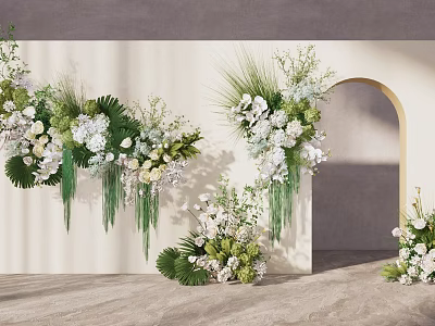 Floral Installation Design With Green Plants White Flowers Archway And Hanging Decor 3d model