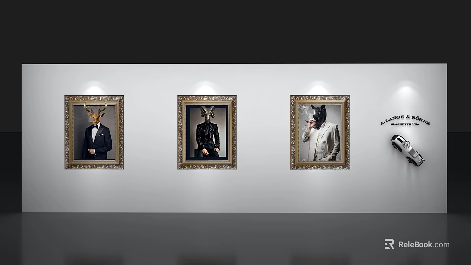 Photo Wall Interior Decor With Three Framed Animal Headed Figures In Suits On White Wall 3d model 
