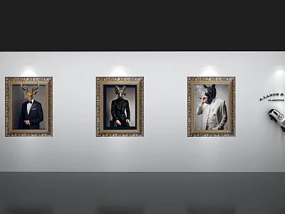 Photo Wall Interior Decor With Three Framed Animal Headed Figures In Suits On White Wall 3d model