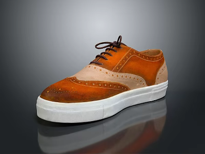 Brown Casual Brogue Shoes With Leather Upper Black Laces And White Sole 3d model