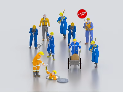 Group of Workers in Work Uniforms With Stop Sign Tools and Wheelbarrow Checking Manhole Cover 3d model
