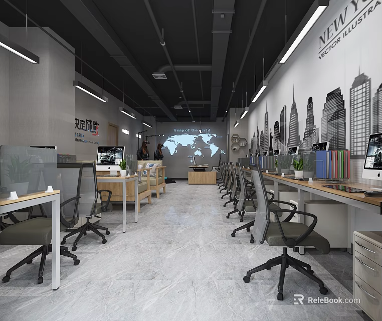 Modern Public Office Space With Ergonomic Chairs Workstations World Map Decor And LED Lighting 3d model