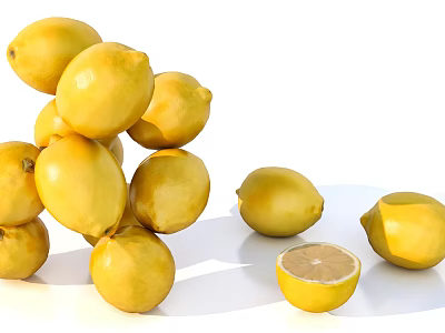 Pile of Fresh Yellow Lemons with Sliced Lemon on White Background 3d model