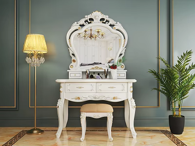 White Carved Dressing Table With Ornate Mirror Gold Floor Lamp And Green Potted Plant 3d model