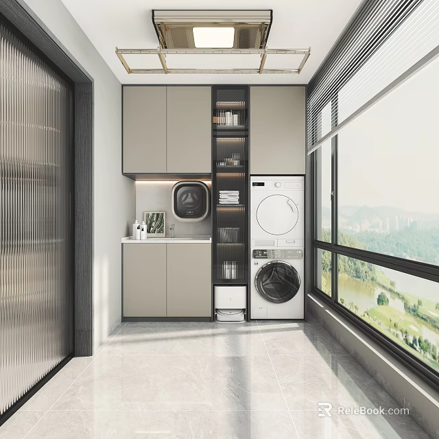 Modern Home Balcony With Washing Machine Dryer And Storage Cabinets Large Window And Scenic View 3d model 