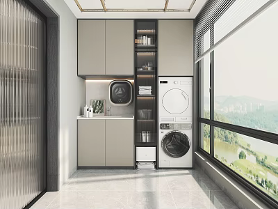 Modern Home Balcony With Washing Machine Dryer And Storage Cabinets Large Window And Scenic View 3d model