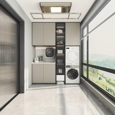 Modern Home Balcony With Washing Machine Dryer And Storage Cabinets Large Window And Scenic View 3d model