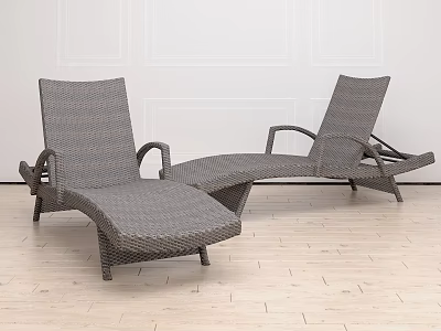Gray Rattan Reclining Lounge Chairs For Indoor With Wooden Floor And White Wall 3d model