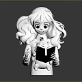 Cute White Doll With Long Curly Hair Holding Cat And Open Book