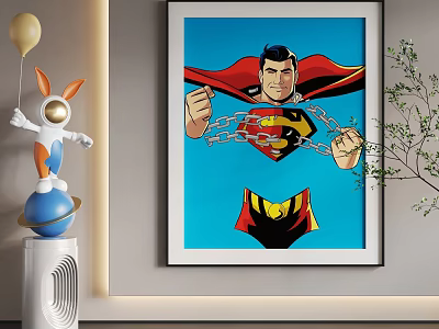 Abstract Painting Of Superman Tearing Shirt Revealing Logo With Chain On Blue Background 3d model