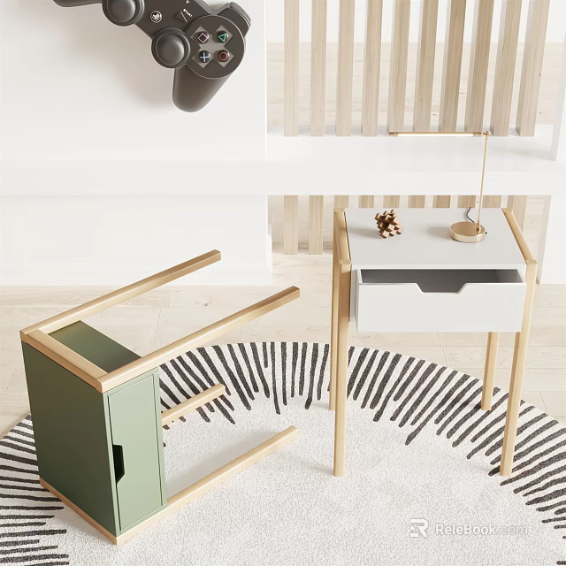 Green White Wooden Entryway Console Table And Side Cabinet With Drawer Pine Cone Decor 3d model 