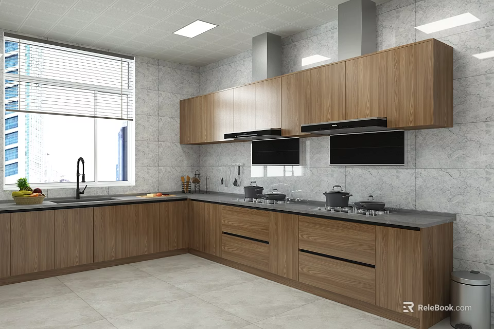Modern Kitchen Interior With Wooden Cabinets Gray Countertops Window And Appliances 3d model 