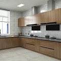 Modern Kitchen Interior With Wooden Cabinets Gray Countertops Window And Appliances